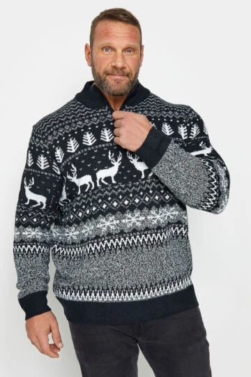 D555 Big & Tall Navy Zip Neck Stag Christmas Jumper