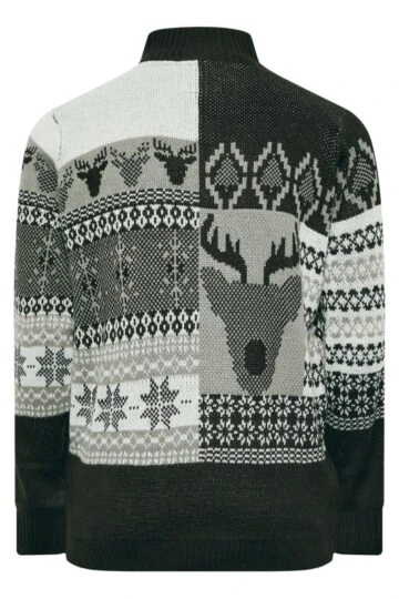 D555 Big & Tall Black Christmas Stag Quarter Zip Jumper