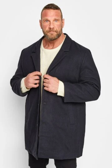 JACK & JONES Big & Tall Navy Blue Single Breasted Textured Coat