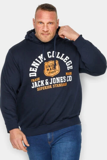 JACK & JONES Big & Tall Navy Blue Printed Hoodie