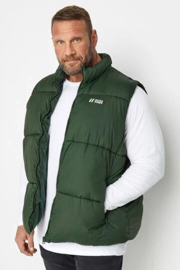 JACK & JONES Big & Tall Khaki Green Logo Puffer Gilet