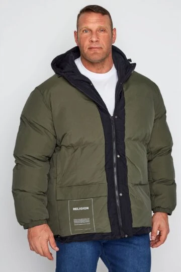 RELIGION Big & Tall Black & Khaki Green Reversible Parka Coat