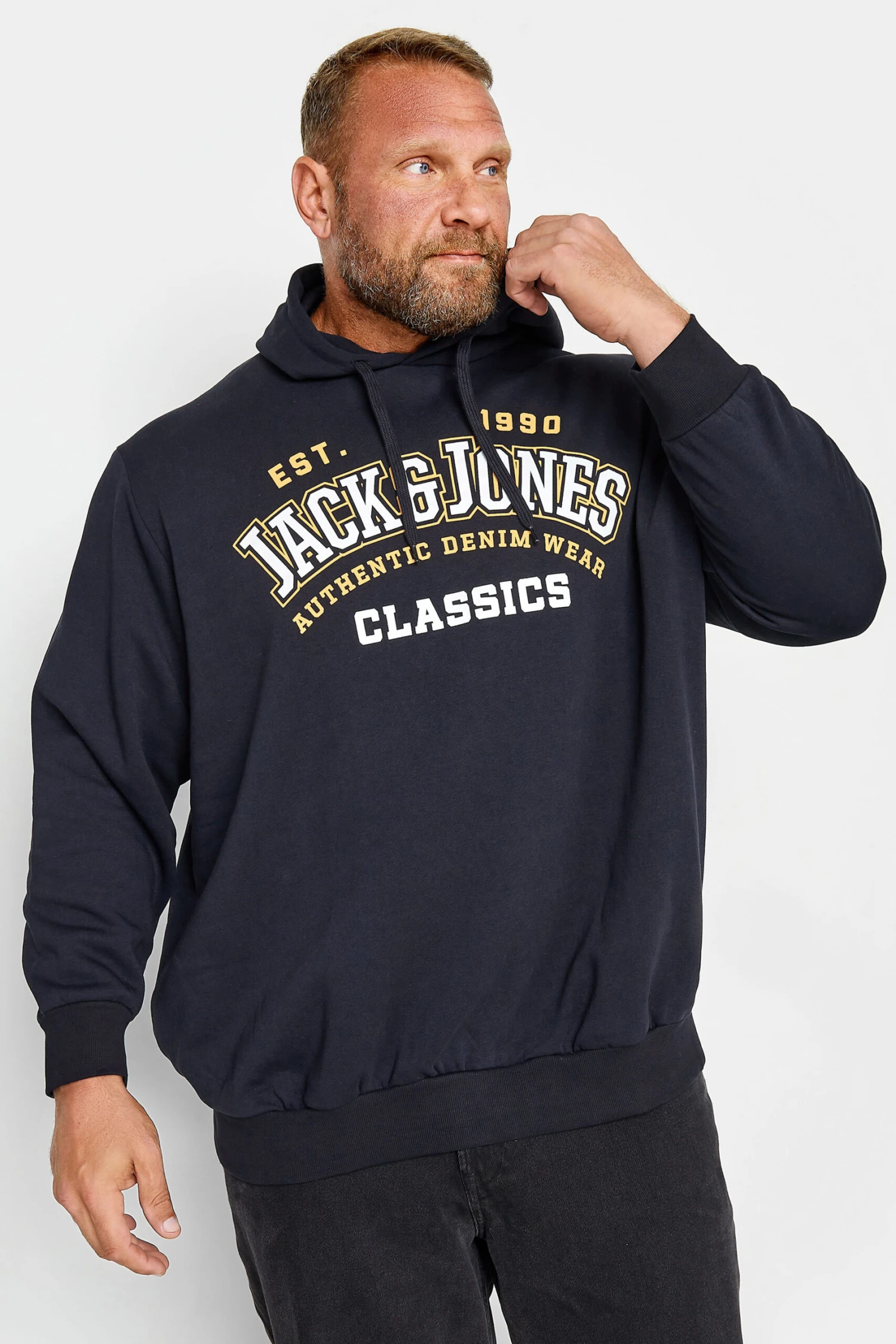 Essential Men’s Outerwear – How to Stay Stylish in Every Season 3 JACK & JONES Big & Tall Navy Blue Logo Print Hooded Sweatshirt