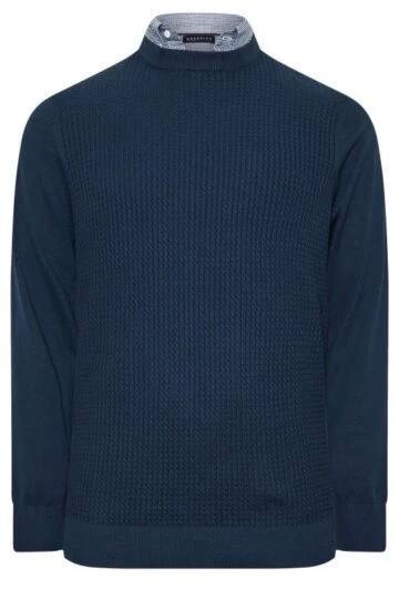 BadRhino Big & Tall Navy Blue Cable Knit Mock Shirt Jumper