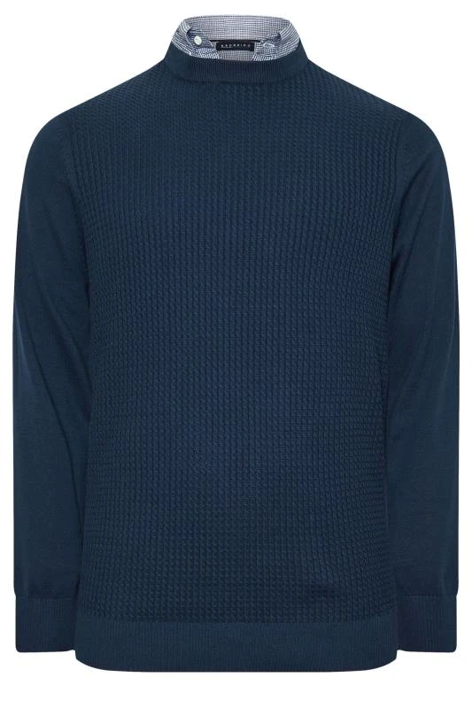 BadRhino Big & Tall Navy Blue Cable Knit Mock Shirt Jumper