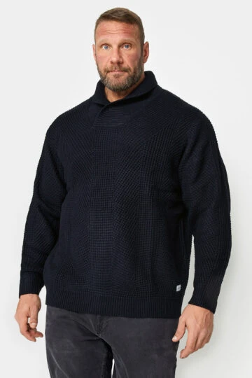 Jack & Jones Big & Tall Navy Blue Shawl Knit Jumper