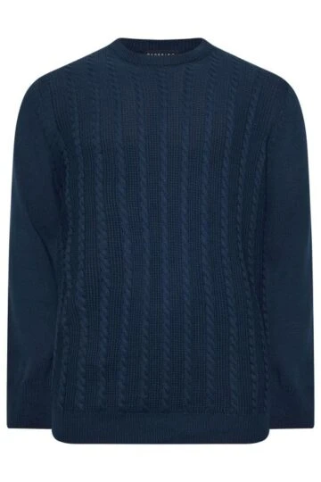 BadRhino Big & Tall Navy Blue Crew Neck Cable Knit Jumper