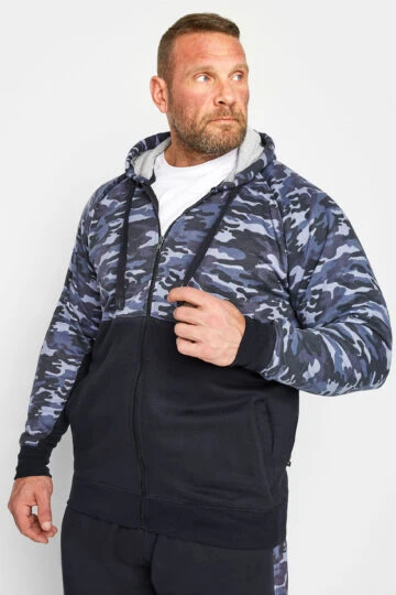 KAM Big & Tall Navy Blue Camo Colour Block Zip Through Hoodie