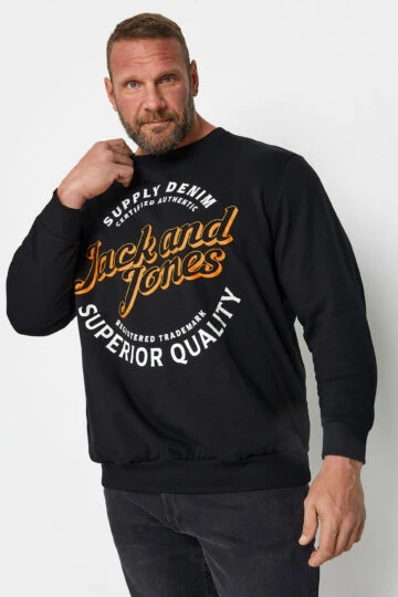 JACK & JONES Big & Tall Black Logo Print Sweatshirt