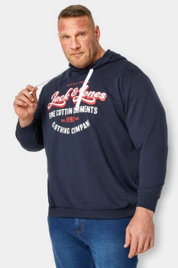 JACK & JONES Big & Tall Navy Blue Logo Print Hoodie