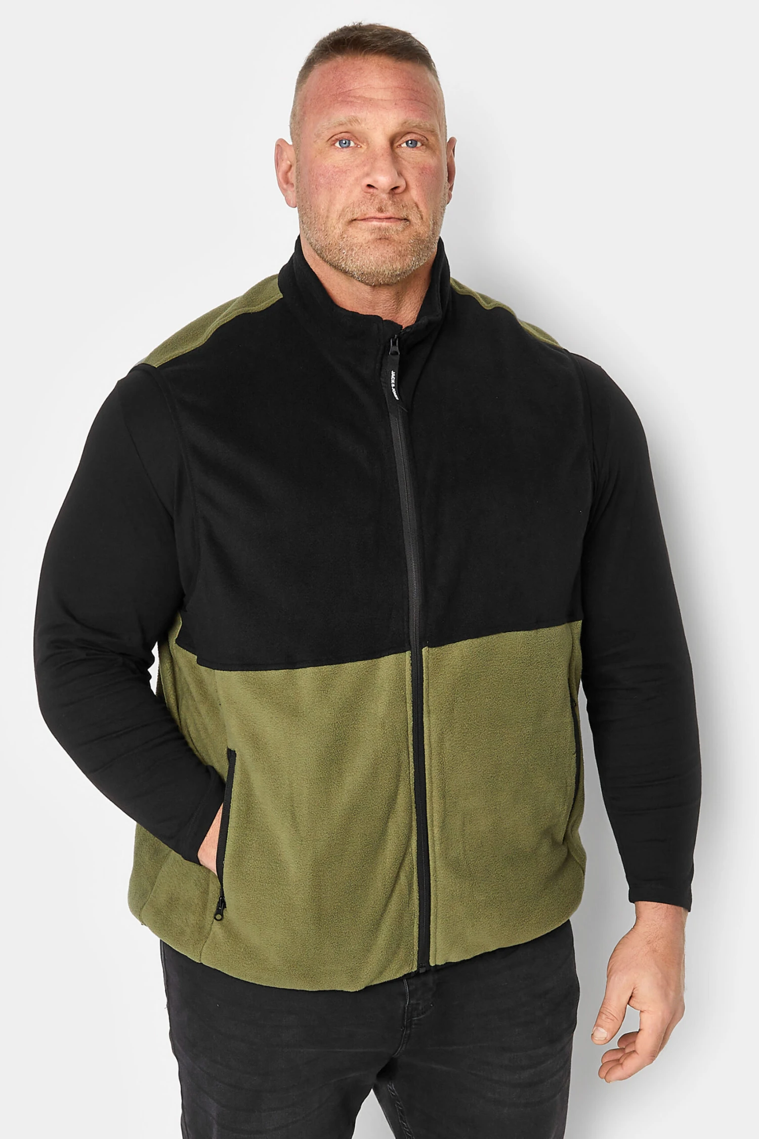 JACK & JONES Big & Tall Olive Green Panel Zip Fleece Gilet 1 JACK & JONES Big & Tall Olive Green Panel Zip Fleece Gilet