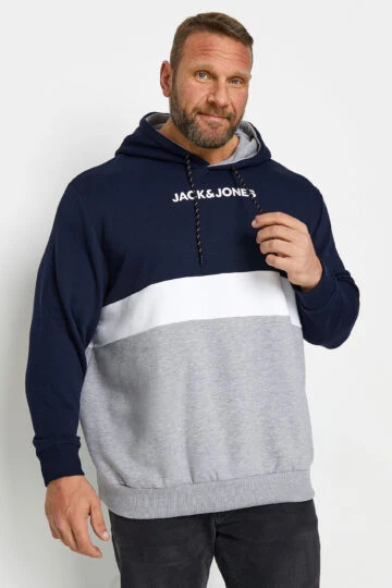 JACK & JONES Big & Tall Navy Blue Colour Block Hoodie