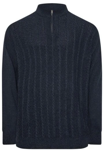 BadRhino Big & Tall Navy Blue Quarter Zip Cable Knit Jumper