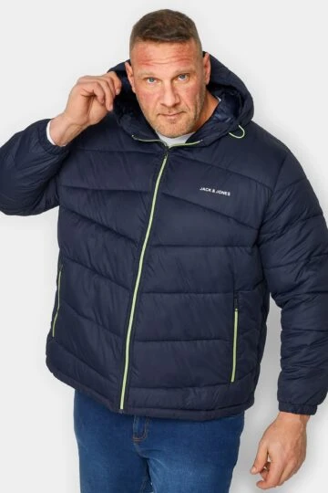 JACK & JONES Big & Tall Navy Blue & Yellow '90' Logo Print Hood Coat