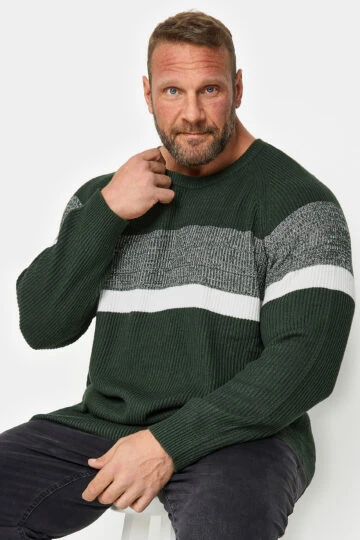 JACK & JONES Big & Tall Green Stripe Crew Knit Jumper