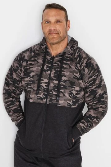 KAM Big & Tall Charcoal Grey Camo Colour Block Zip Through Hoodie