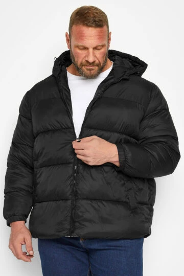 JACK & JONES Big & Tall Black Toggle Hooded Puffer Coat