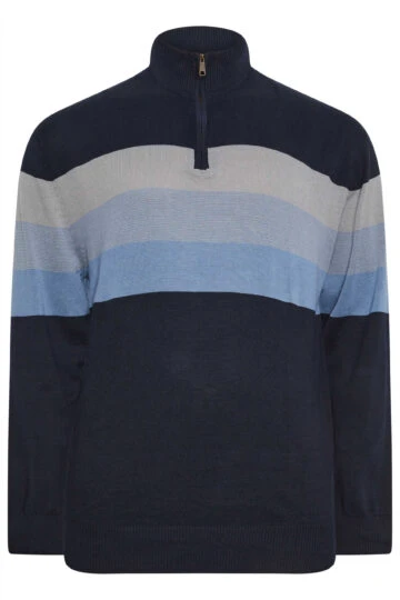 KAM Big & Tall Navy Blue Half Zip Stripe Knitted Jumper