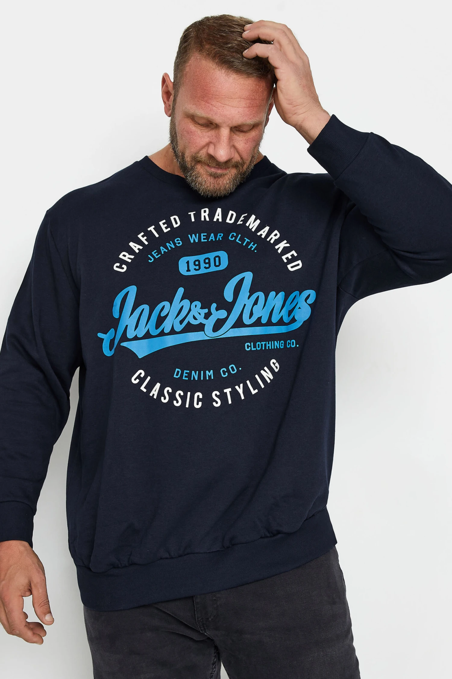 Men’s Everyday Style – Building a Wardrobe That Works for Every Occasion 8 JACK & JONES Big & Tall Navy Blue & White Logo Print Sweatshirt