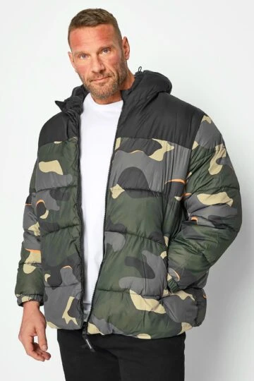 JACK & JONES Big & Tall Black Camo Hooded Puffer Coat