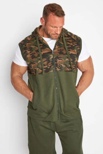 KAM Big & Tall Khaki Green Camo Panelled Gilet
