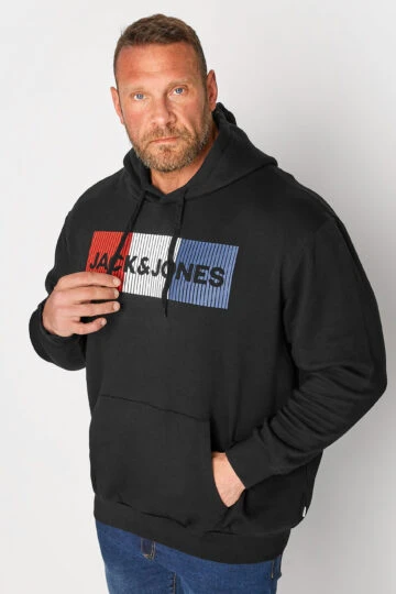 JACK & JONES Big & Tall Black Corp Logo Printed Hoodie