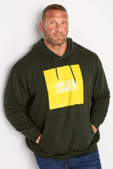 JACK & JONES Big & Tall Green & Yellow Printed Logo Hoodie