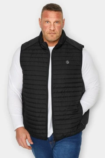 JACK & JONES Big & Tall Black Logo Print Padded Gilet
