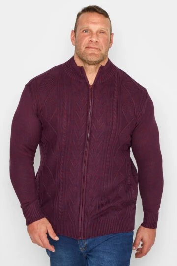 KAM Big & Tall Burgundy Full Zip Cable Knitted Cardigan