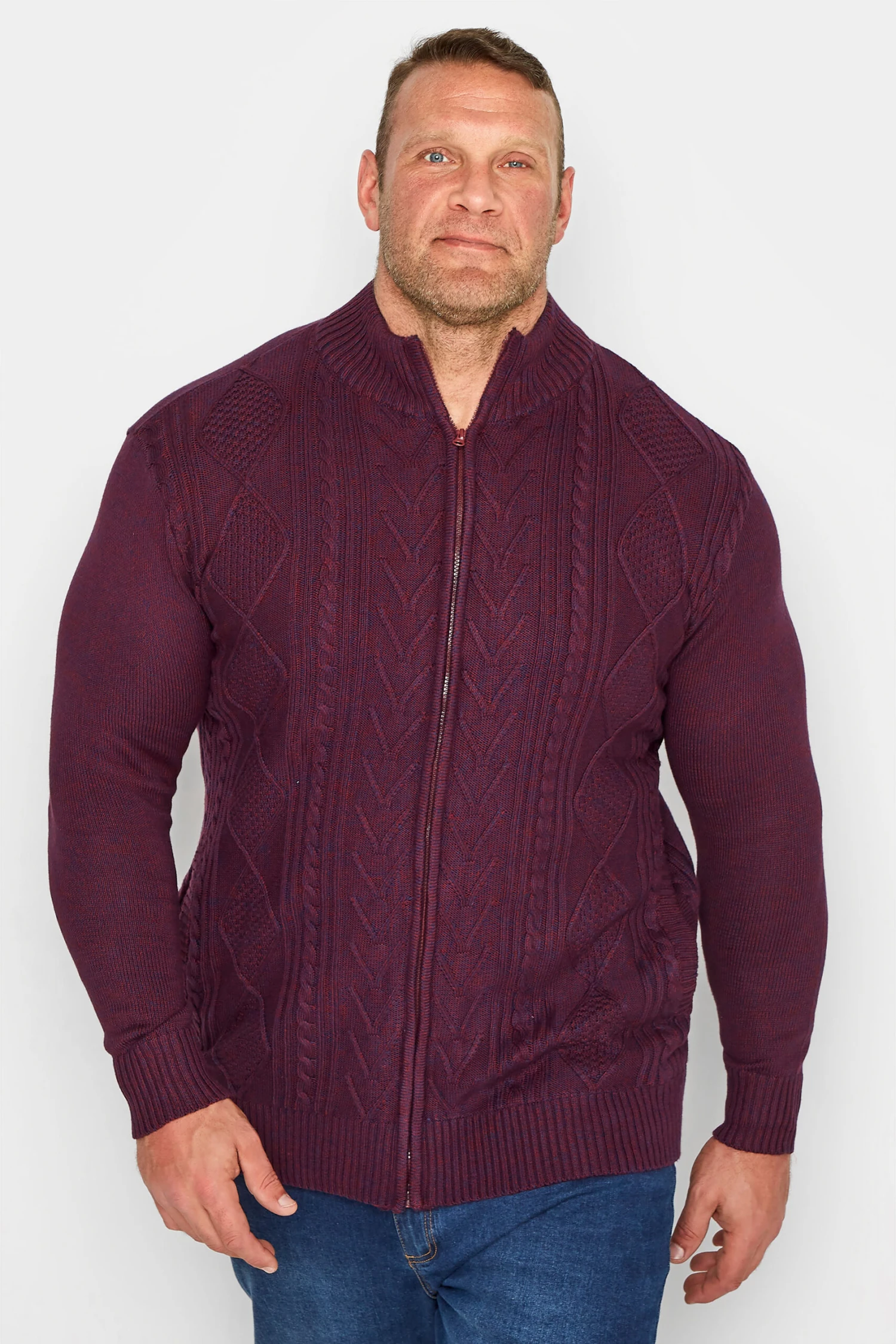 KAM Big & Tall Burgundy Full Zip Cable Knitted Cardigan 1 KAM Big & Tall Burgundy Full Zip Cable Knitted Cardigan