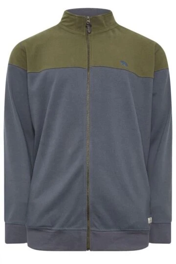 D555 Big & Tall Khaki Green & Grey Zip Through Embroidered Logo Fleece