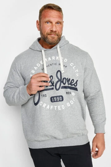 JACK & JONES Big & Tall Grey Hooded Logo Print Sweatshirt
