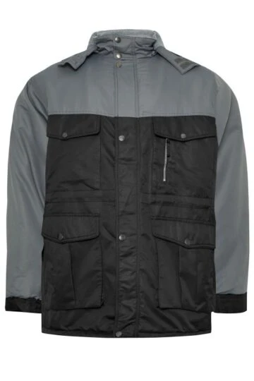 BadRhino Big & Tall Grey & Black Fleece Lined Hooded Coat