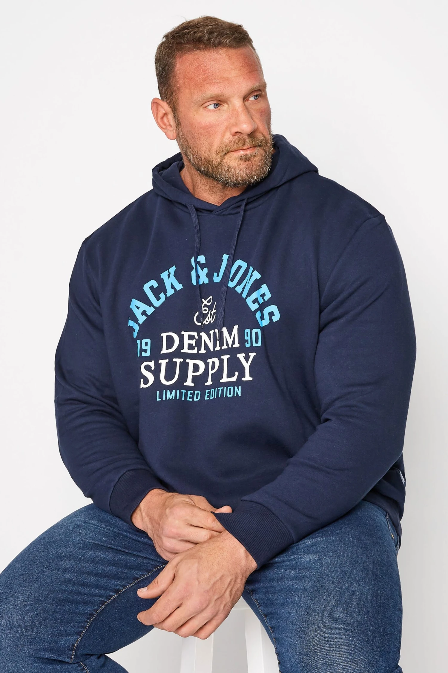 JACK & JONES Big & Tall Navy Blue Logo Sweat Hoodie 1 JACK & JONES Big & Tall Navy Blue Logo Sweat Hoodie