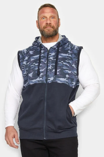 KAM Big & Tall Navy Blue Camo Panelled Gilet