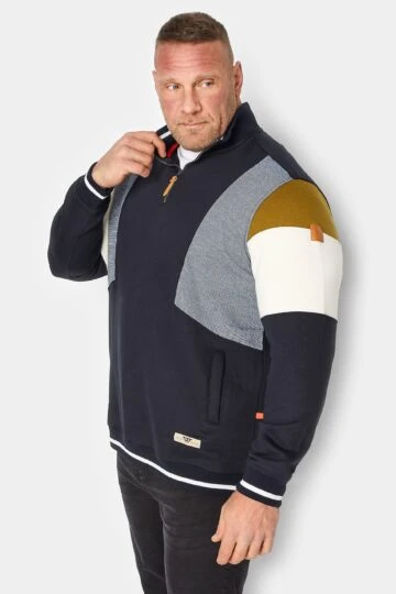 D555 Big & Tall Navy Blue Half Zip Colour Block Jumper