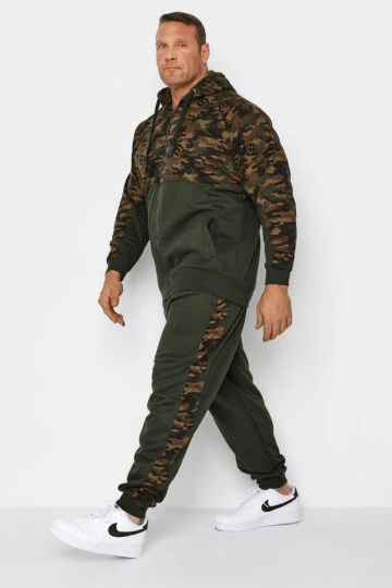 KAM Big & Tall Khaki Green Camo Colour Block Zip Through Hoodie