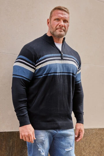 BadRhino Big & Tall Navy Blue Stripe Quarter Zip Knitted Jumper