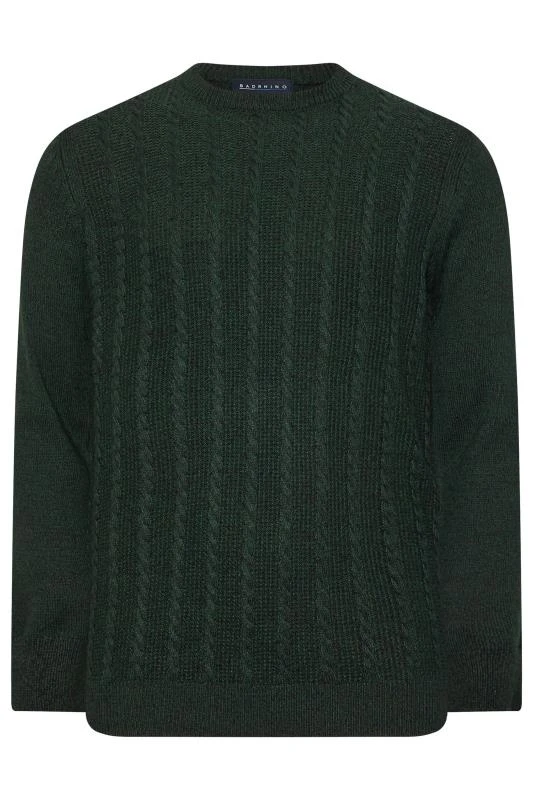 BadRhino Big & Tall Dark Green Crew Neck Cable Knit Jumper 1 BadRhino Big & Tall Dark Green Crew Neck Cable Knit Jumper