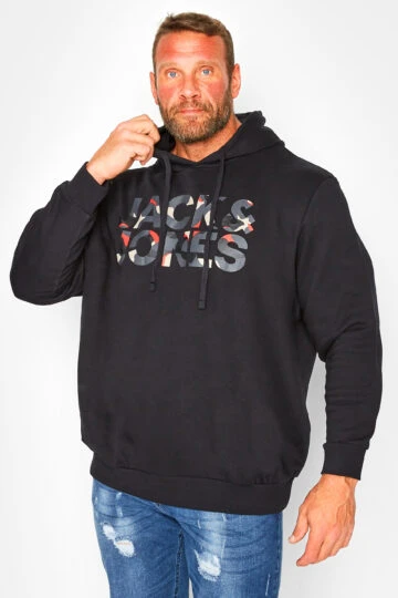 JACK & JONES Big & Tall Black Logo Hooded Sweatshirt