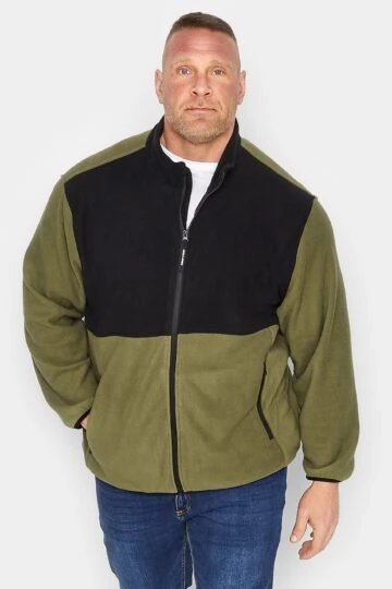 JACK & JONES Big & Tall Olive Green Panel Zip Fleece Jacket
