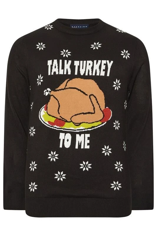 BadRhino Big & Tall Black 'Talk Turkey To Me' Christmas Jumper 2 BadRhino Big & Tall Black 'Talk Turkey To Me' Christmas Jumper - Image 2