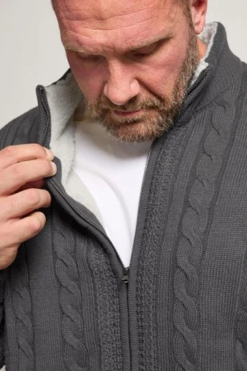 BadRhino Big & Tall Charcoal Grey Sherpa Lined Zip Through Cable Jumper