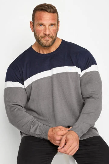 BadRhino Big & Tall Charcoal Grey Colour Block Knitted Jumper