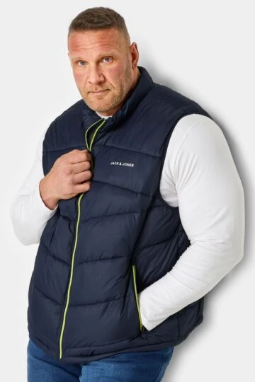 JACK & JONES Big & Tall Navy Blue & Yellow '90' Logo Print Gilet