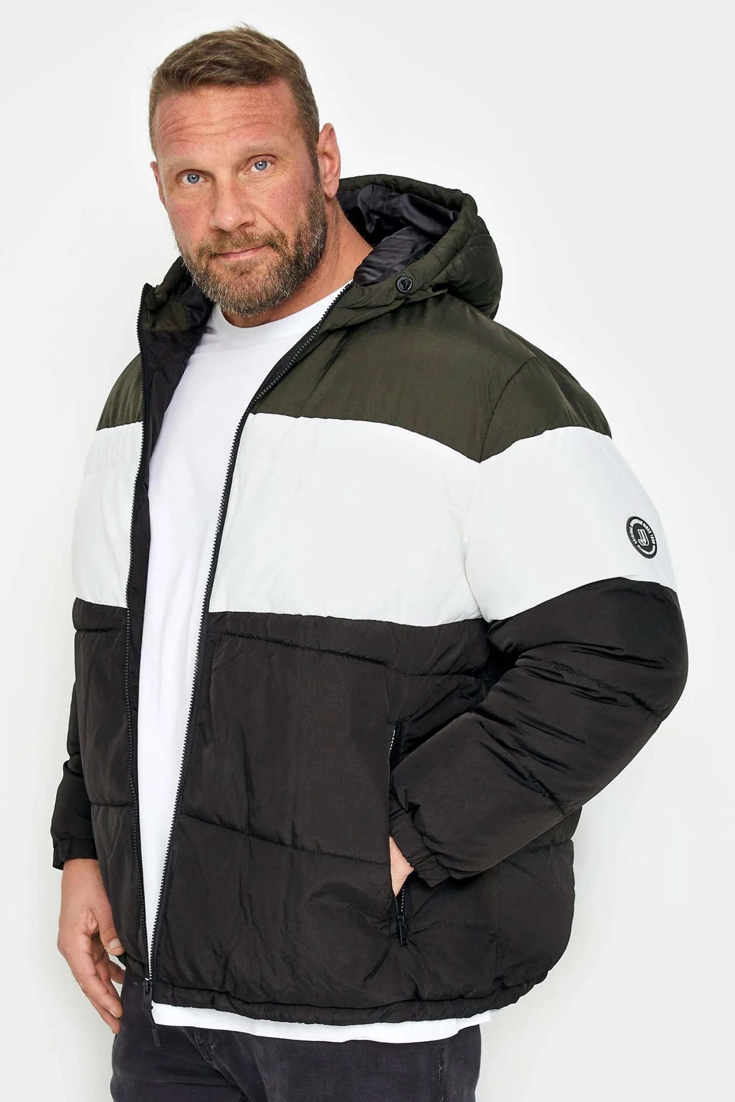 JACK & JONES Big & Tall Black & Green Colourblock Puffer Coat 1 JACK & JONES Big & Tall Black & Green Colourblock Puffer Coat