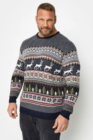 D555 Big & Tall Navy Blue Crew Neck Fairisle Christmas Jumper