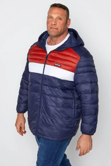 JACK & JONES Big & Tall Navy Blue Colour Block Hooded Puffer Coat
