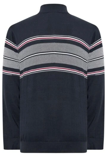 KAM Big & Tall Navy Blue Quarter Zip Stripe Knit Jumper