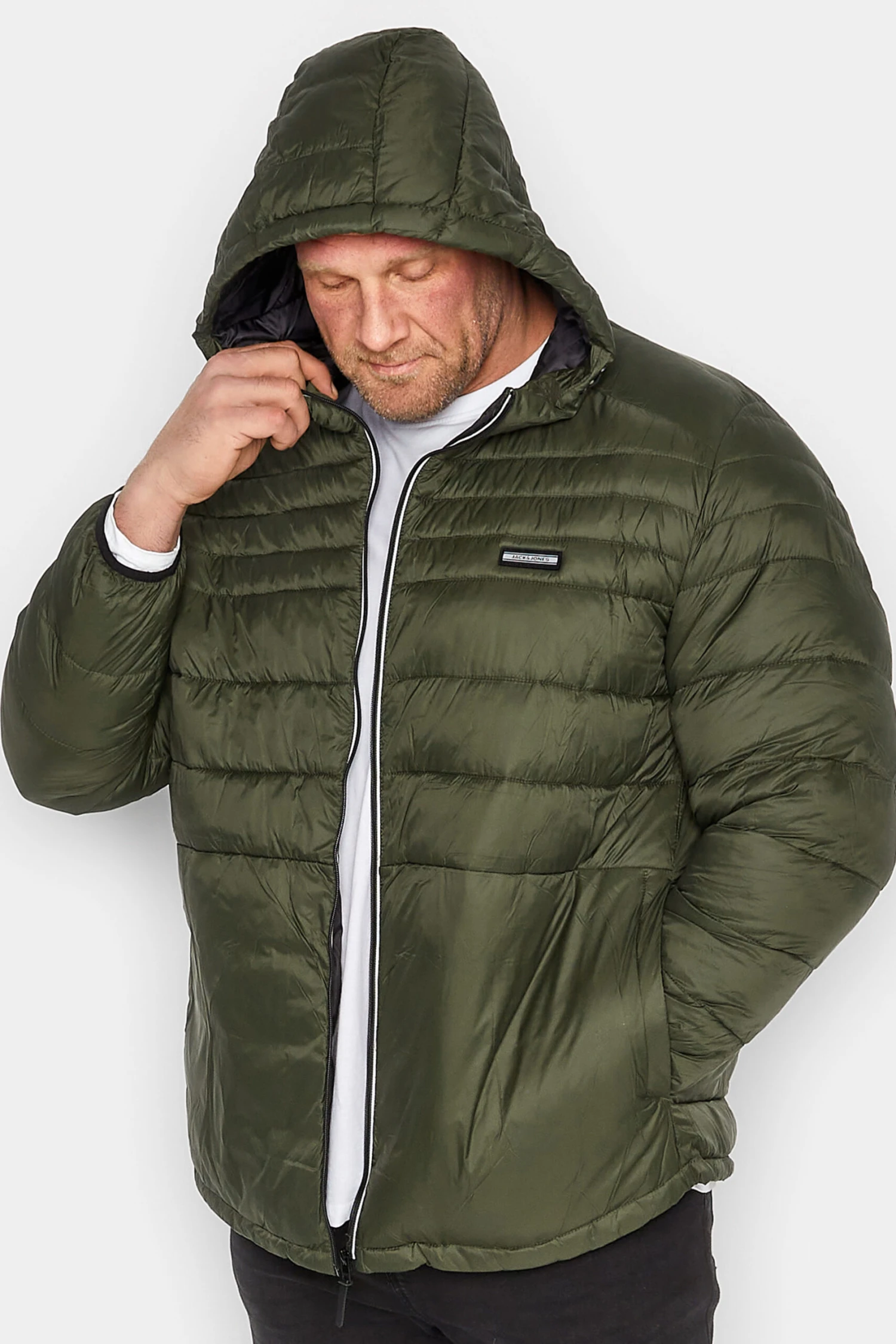 JACK & JONES Big & Tall Khaki Green Hooded Puffer Coat 1 JACK & JONES Big & Tall Khaki Green Hooded Puffer Coat